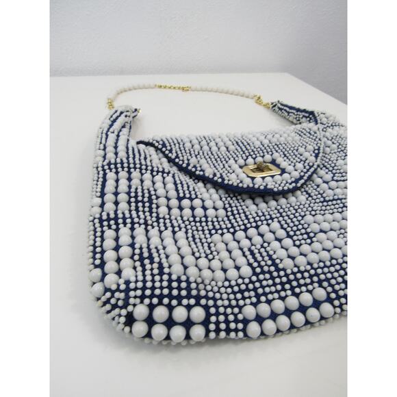 Vintage Navy & White Beaded Geometric Pattern Purse Hand Made Hong Kong 1960s - Picture 2 of 6